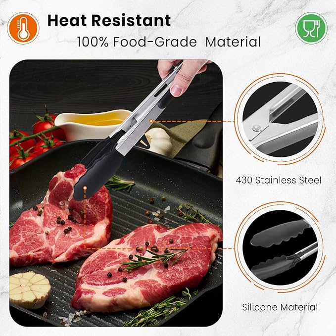 Kitchen Tongs Set of 2 (9” & 12”) – Stainless Steel & Silicone Cooking Tongs with Built-in Stand & Dishwasher Safe – Heat Resistant up to 600°F – Perfect for Grilling, BBQ, Salad & Frying