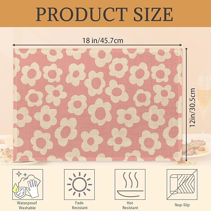 Placemats Set of 6,Groovy Retro Aesthetic Flower Pink Linen Place Mats,Modern Washable Table Placemats 12"x18" Heat Resistant Table Mats for Dining Kitchen Party Holiday Decoration