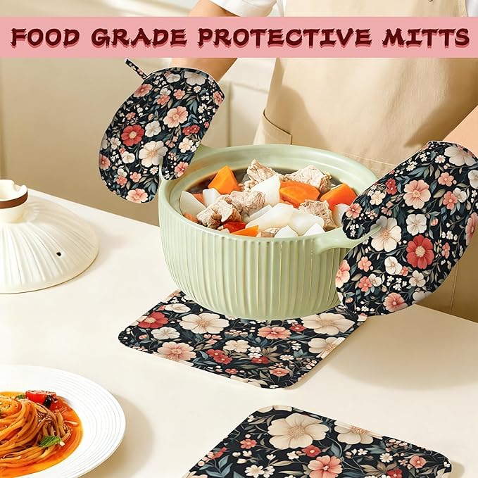 Floral Boho Heat-Resistant Silicone Oven Mitts and Pot Holder 4 Piece Set,Pink Flower Non-Slip Kitchen Oven Gloves for Baking, BBQ, Cooking,Grilling