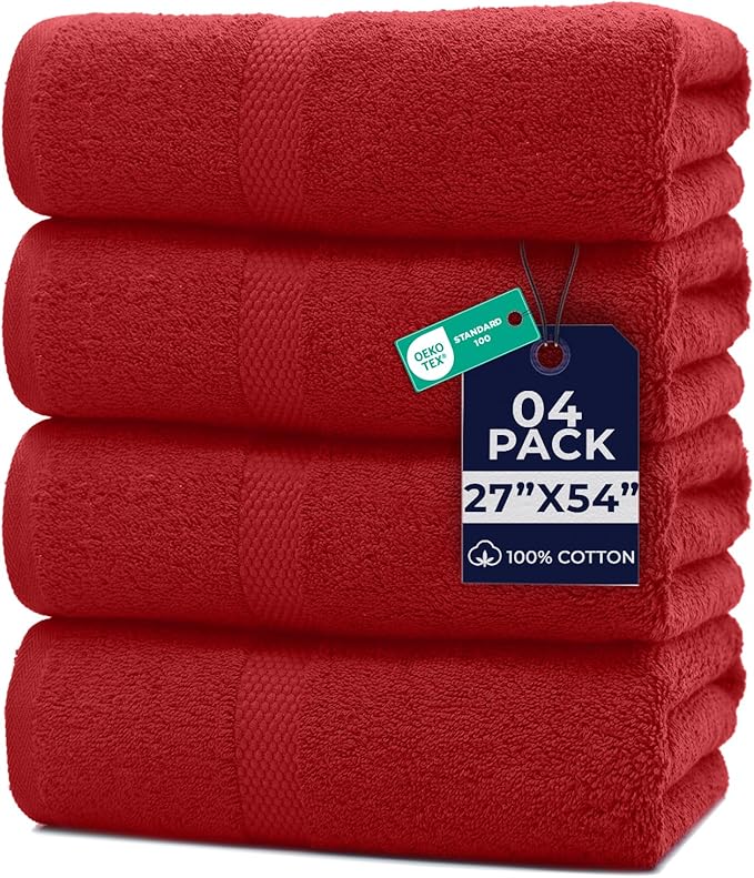 DAN RIVER Bath Towels Set of 4, 27 x 54 Inches, 100% Cotton, Larger & Lighter Weight, Quicker to Dry, Super Soft and Absorbent, Ideal Absorbent Bath Towels for Daily Use, Red