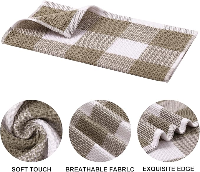Mordimy 100% Cotton Waffle Weave Kitchen Towels, 13 x 28 Inches, Super Soft and Absorbent Buffalo Check Dish Towels for Drying Dishes, 8-Pack, Khaki & White