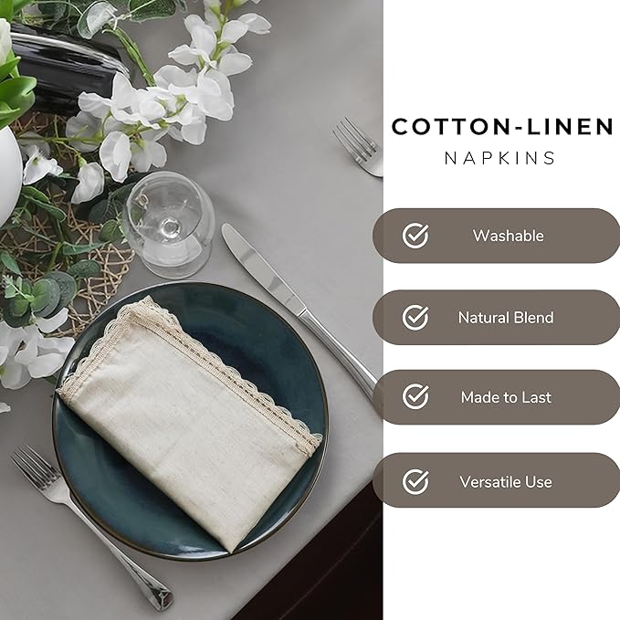 Ramanta Home Natural Coth Dinner Napkin Set of 12 Premium Cotton 20X20 Inch Oversized Linen Flax Lace Soft & Durable Washable Ideal for Easter, Spring Decor, Wedding Parties, Everyday Use