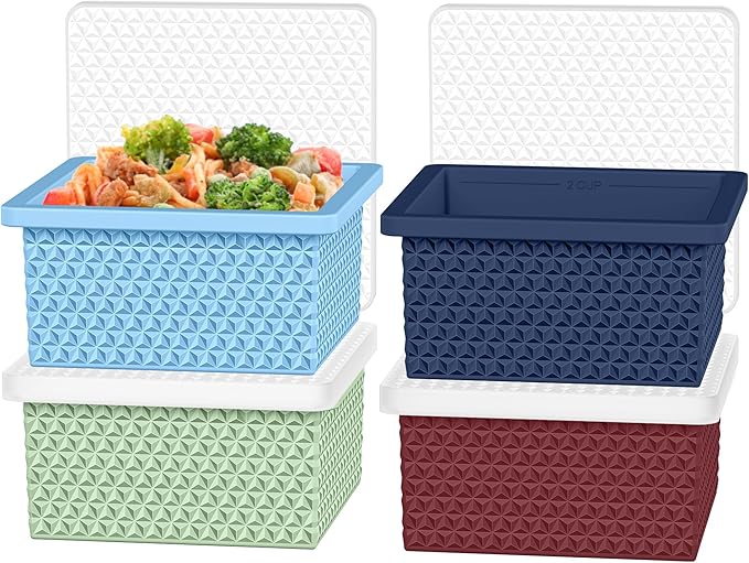 Silicone Freezer Molds for Soup Cube - 2-Cup Freezer Storage Container Tray with Lid,4 Pack Stackable Ice Cube Trays for Portion Control,Food Storage & Meal Prep (Green+Light Blue+Burgundy+Dark Blue)