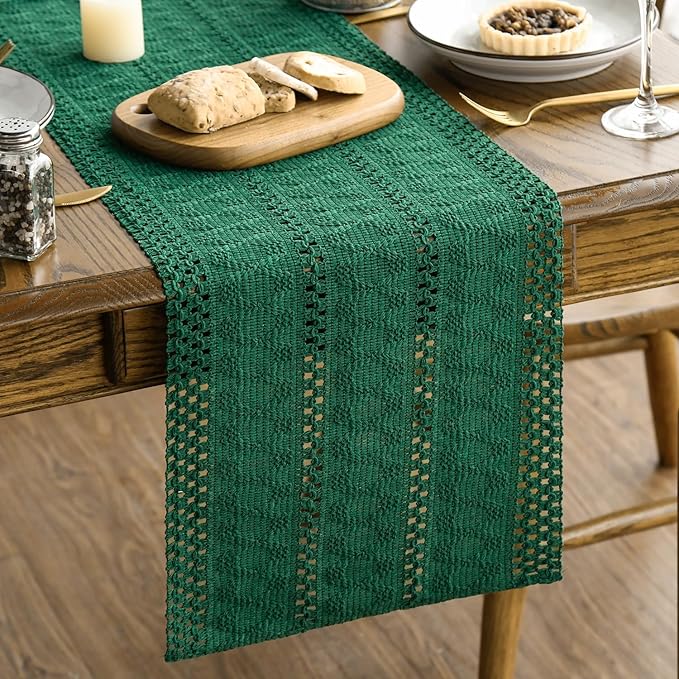 Artoid Mode Dark Green Farmhouse Woven Rustic Hollow Table Runner, Seasonal Holiday Hollow Kitchen Dining Table Decoration for Home Party Decor 12x72 Inch