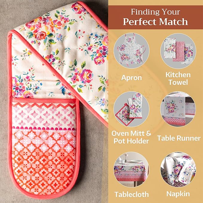 Maison d' Hermine Double Oven Mitts 100% Cotton 7"x35" Double Oven Mitt Heat Resistant BBQ Cooking Gloves with Loop Baking Grilling Gifts for Mothers Day Spring Summer (Rose Garden)