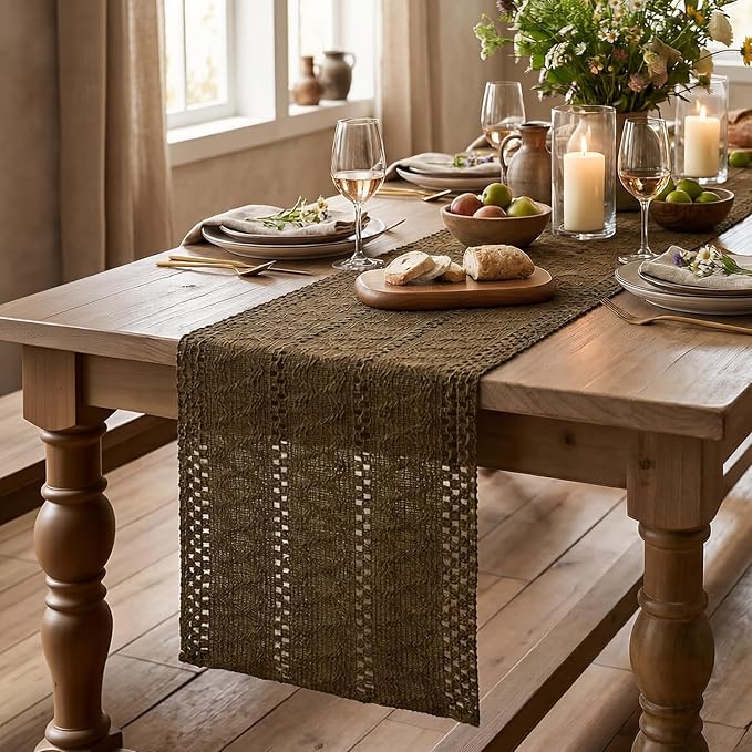 Artoid Mode Light Coffee Farmhouse Woven Rustic Hollow Table Runner, Seasonal Holiday Hollow Kitchen Dining Table Decoration for Home Party Decor 12x48 Inch