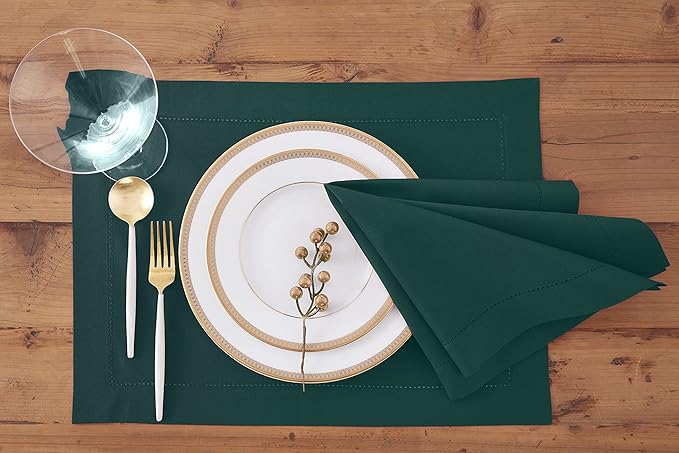 Solino Home Cloth Napkins Set of 4 - Cotton Linen Hemstitch Dark Green Dinner Napkins 20 x 20 Inch - Handcrafted and Machine Washable