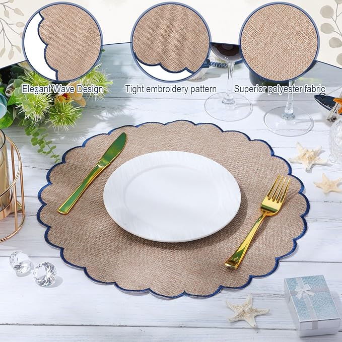 Set of 6 Round Placemats 15 Inch Cotton Scalloped Embroidery Placemat Washable Double Layered Rustic Dinner Table Mat Decor Fabric for Hotel Restaurant Kitchen(Flaxen/Blue,Classic)