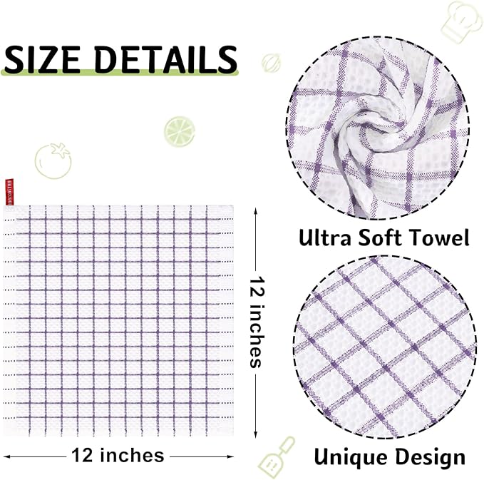 Homaxy 100% Cotton Dish Cloths, 8 Pack-12 X 12 Inches, Check Design Waffle Weave Dish Rags for Washing Dishes, Ultra Absorbent and Fast Drying Dishcloths, Purple
