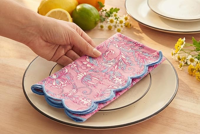 PurpleEssences Scalloped Embroidery Kalamkari Cloth Napkins - Spring Easter Summer - Table Decor - 100% Cotton - Set of 4-18x18 inch - Blush Pink Edges Light Blue