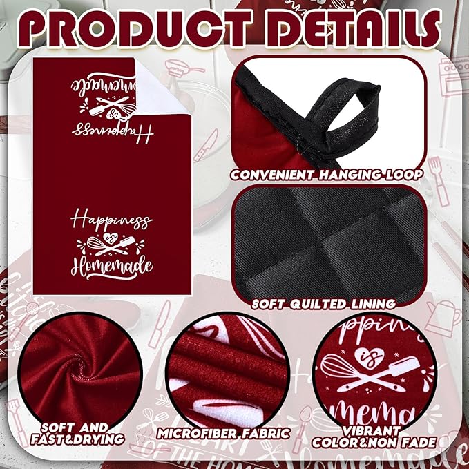 Sratte 6 Pcs Kitchen Decor Accessories Set Farmhouse Towels Pot Holders Oven Mitts Set 2 Dish Towels 2 Potholders 2 Cooking Mittens Oven Glove for Christmas Baking Cooking(Wine Red,Kitchen)