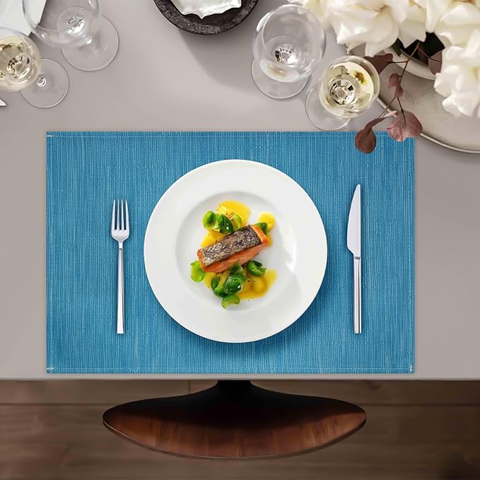 Blue Place Mats Set of 6, 12x18 Inch Heat-Resistant Washable Easy to Clean Place Mats, Faux Linen Cloth Table Mats Suitable for Indoor/Outdoor Parties & Kitchen Decor (Blue)