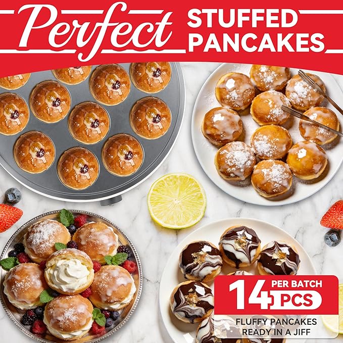 SugarWhisk Mini Pancakes Maker Machine with 14 Larger & Deeper Grooves, Electric Mini Pancake Pan, Aebleskiver Pan, Ebelskiver Pan, Browning Controllable, White