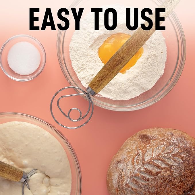 Zulay Kitchen 13 Inch Danish Dough Whisk - Large Wooden Danish Whisk For Dough With Stainless Steel Ring - Traditional Dutch Whisk Baking Tool For Bread, Batter, Cake, Pastry (Acacia Wood)