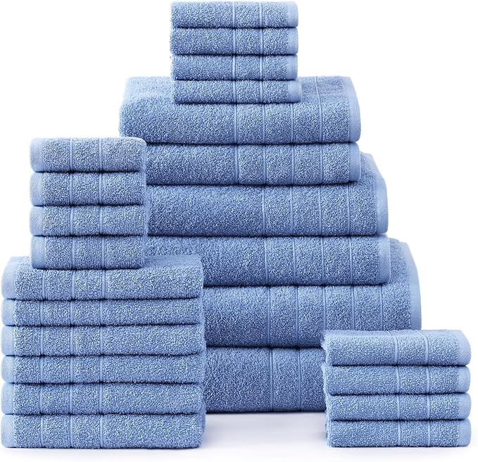 Casa Platino 100% Cotton Bathroom Towels Set – 24 Pc Family Pack – Soft & Absorbent, Ring Spun, Quick Dry Towels, 2 Bath Sheets, 2 Gym, 2 Bath, 4 Fingertip, 6 Hand, 8 Washcloths – Cerulean Blue