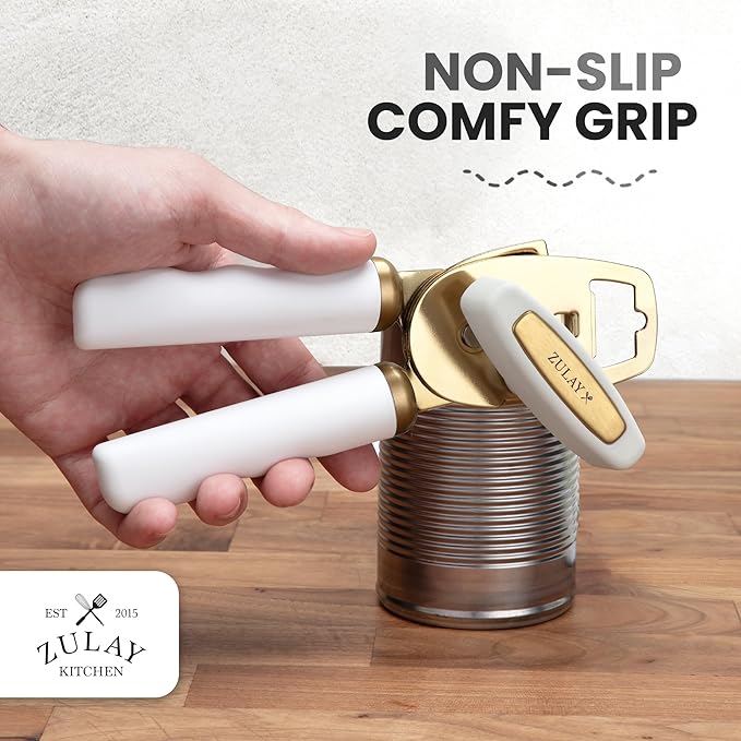 Zulay Kitchen Heavy Duty Stainless Steel Can Opener Manual with Bottle Opener - Rust Proof Manual Can Opener With Turn Knob & Comfy Soft Grip Handles - White & Gold