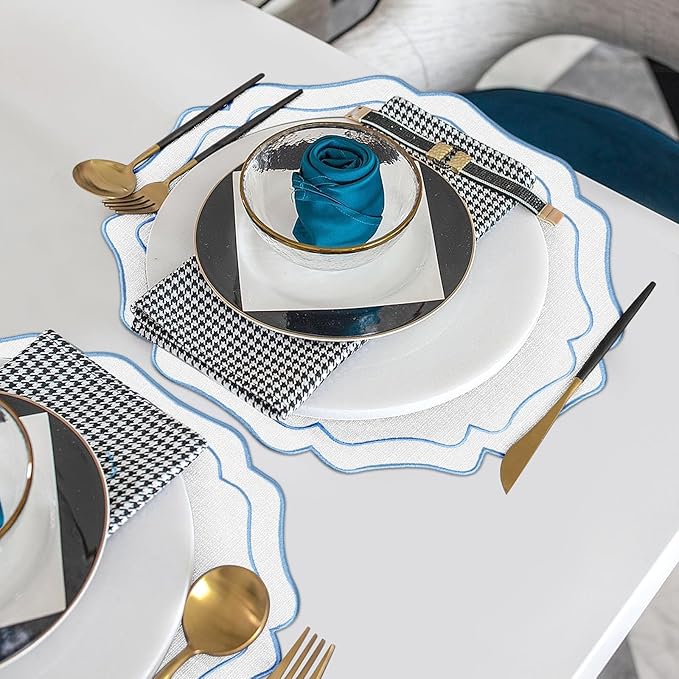 8 Sets Blue and White Ribbon Twirl Cotton Linen Placemats, 15 inch Embroidery Scalloped Round Cloth Table Mats Washable Fabric Place Mats Flower Shape for Wedding Baby Shower Banquet Party Table Deco