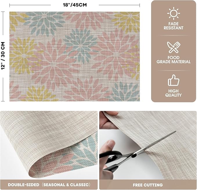 Artoid Mode Floral Vinyl Placemats Set of 4, 12x18 Inch Heat Resistant Washable Non-Slip Plistic PVC Place Mats for Party Kitchen Dining Decor, Pink Blue