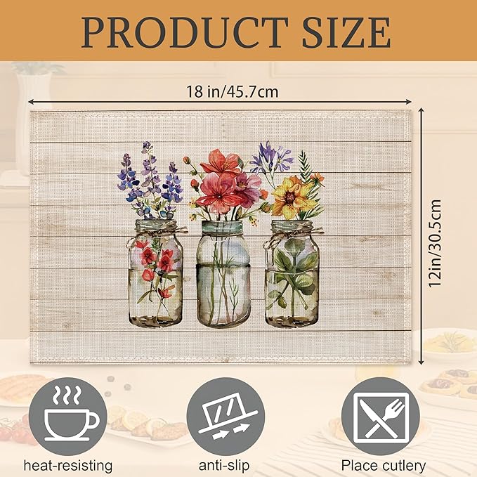 Spring Flowers Placemats Set of 6,Washable Heat Resistant 12×18 Inch Linen Table Mats Floral Place Mats for Party Outdoor Dining Decor