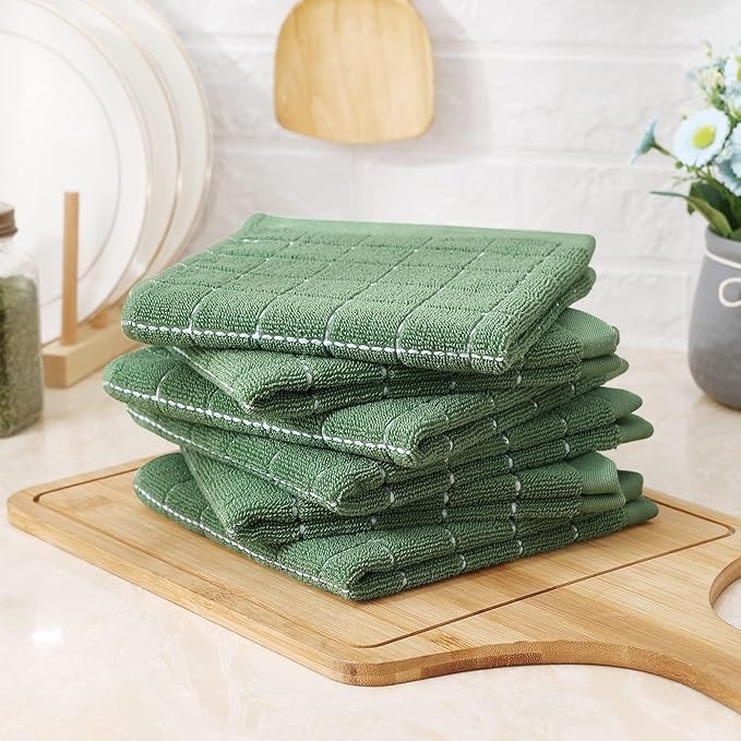 Homaxy 100% Cotton Terry Kitchen Dish Cloths, Ultra Soft and Absorbent Dish Towels for Kitchen, Suitable for Drying and Washing Dishes, 4 Pack, 12 x 12 Inches, Grass Green