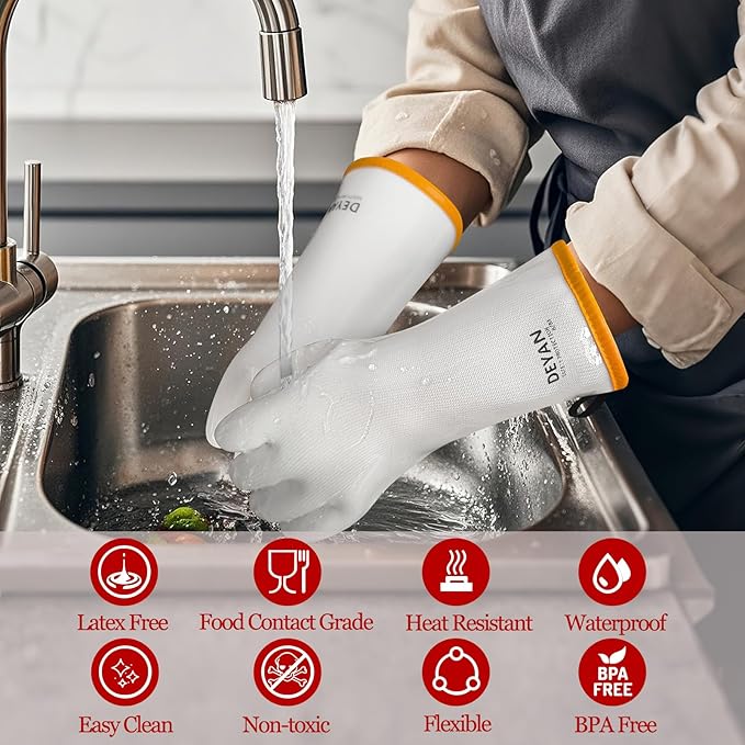 DEYAN Silicone BBQ Gloves - 600°F Heat Resistant Oven Mitts for Grilling, Smoking & Baking - Waterproof, Oil Proof Non-Slip Kitchen Gloves for Cooking, Frying, BBQ Accessories(White, 7/S)