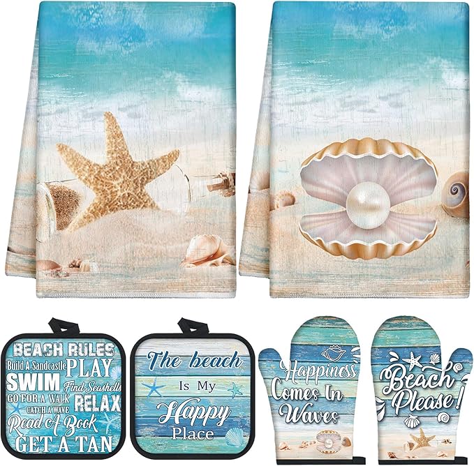 6 Pcs Summer Beach Kitchen Towels Pot Holders and Oven Mitts Set Include Coastal Dish Towel Beachy Rustic Oven Gloves Heat Resistant Potholders for Christmas Kitchen Gift