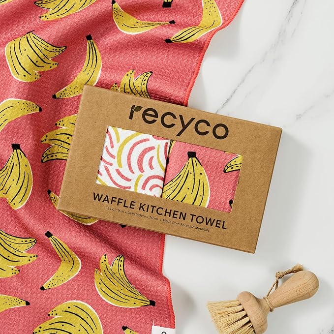RECYCO Waffle Kitchen Towel Set of 2 - Quick Dry Microfiber Sustainable Dish Towels - Ultra Absorbent Reusable Cleaning Tea Towels - Lightweight Hand Towels,16”x 28”, Banana Joy