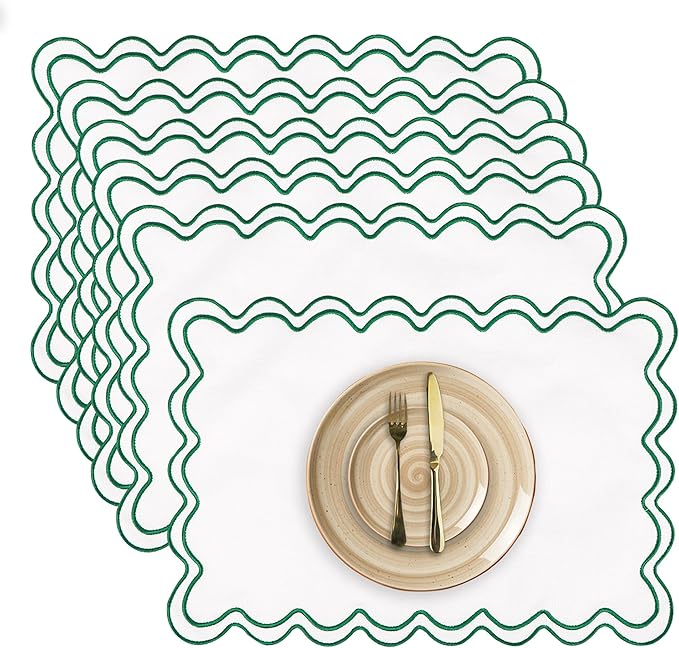 Set of 6 Cotton Linen Placemats, 13''x 19'' Wavy Embroidery Scalloped Placemats Washable Rustic Dinner Waterproof Table Mats (Green)