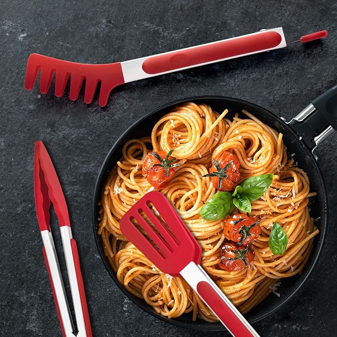 3 Pack Silicone Tongs for Cooking,Maywe Tanso 9 Inch Cooking Kitchen Tongs with Silicone Tips,Nonstick Stainless Steel Tongs for Steak Pie Pizza Pasta Spaghetti Salad BBQ Buffet
