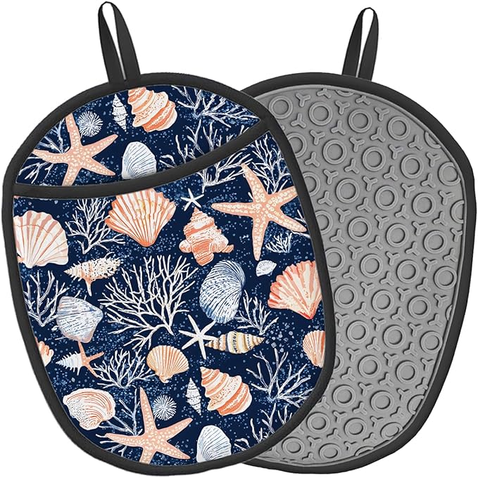 Seashell Silicone Pot Holders Set of 2, Heat Resistant up to 500°F, Non-Slip Kitchen Hot Pads with Pocket and Soft Quilted Cotton Lining for Baking, Cooking and Hot Pots
