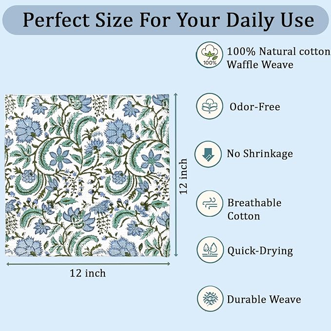 Ridhi Columbia Blue Hand Block Print Cotton Waffle Dish Cloth Set of 6-12x12 Inch Super Absorbent, Soft, Reusable Kitchen Towels for Dish Drying Cleaning, Ideal for Spring, Easter, Valentine