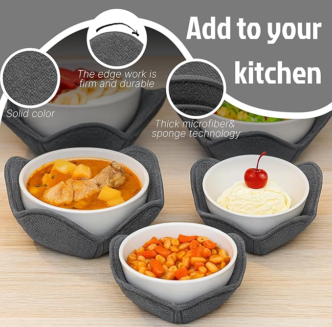 Set 2X Gray 7" sq. x 4" H Bowl Holders - Polyester Hot Soup Holder for Kitchen Gadget - Hot Pot and Japanese Soup Bowls - Microwave Bowl Cozy Safe - Multipurpose Hot Heat Proof Plate Holder