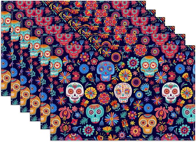 Sugar Skull Mexican Día de Los Muertos Placemats Set of 6, Halloween Washable Linen Place Mat Heat Resistant Non Slip Kitchen Dining Table Mats 12x18 Inch