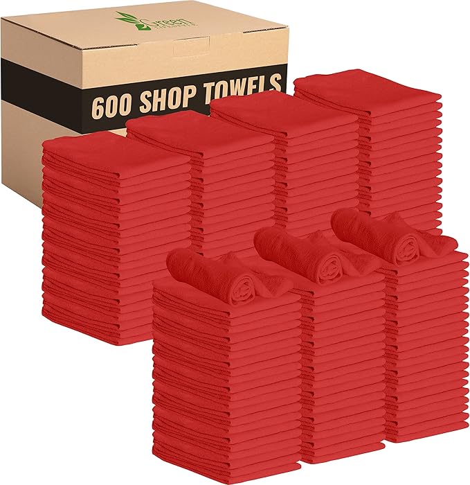 GREEN LIFESTYLE Shop Towels 12" x 14" 600 Pack - Red Cotton Shop Towels, Cleaning Rags Bulk, Reusable Shop Rags, Absorbent Terry Cloth Cleaning Towels for Garage, Industrial and Housekeeping Use