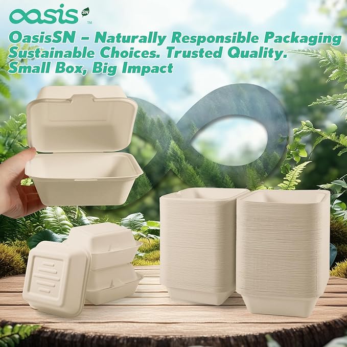 𝟲𝘅𝟲", 𝟭𝟮𝟴-𝗣𝗮𝗰𝗸 Compostable Clamshell Take Out Food Containers, Biodegradable Bagasse Paper To-Go Boxes for Burgers, Sandwiches, Cake, Eco-Friendly, Microwave & Freezer Safe (Natural)
