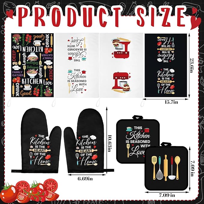 Leinuosen 8 Pcs Cuisine Kitchen Decor Accessories Set Farmhouse Towels Oven Mitts Pot Holders Dishcloths Set Kitchen Decorative Absorbent Gloves Potholders for Chef Baking Cooking