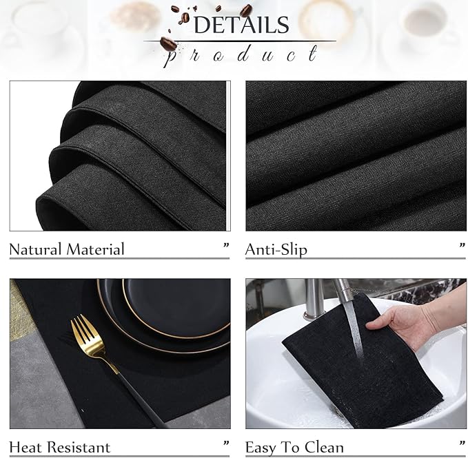 Sieral 12 Set Cloth Placemats Rectangle Dining Table Placemat Bulk 13 x 19 Inch Machine Washable Heat Resistant Cotton Linen Table Mats for Wedding Birthday Party Supplies(Black)