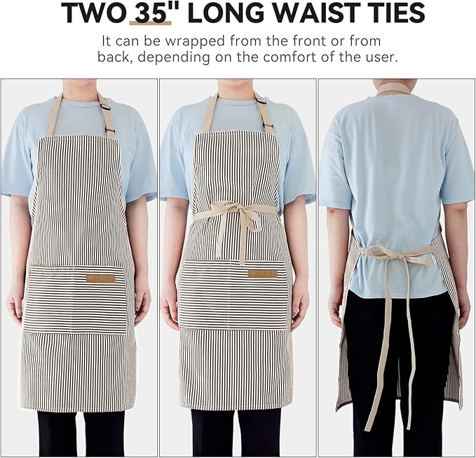 NLUS 2 Pack Cooking Aprons for Women with Pockets, Adjustable Kitchen Bib Aprons Chef Aprons for Women Men(Brown Pinstripes)