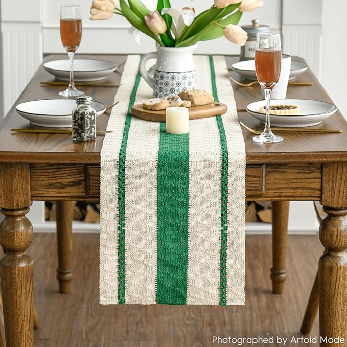 Artoid Mode Dark Green Farmhouse Woven Rustic Table Runner, Seasonal Holiday Hollow Kitchen Dining Table Decoration for Home Party Decor 12x72 Inch