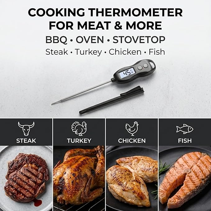 Meat Thermometer Digital with Backlight – Instant Read Food Thermometer Waterproof for Cooking BBQ Grilling Steak Bread Baking Turkey Candy Oil Liquid (Black)