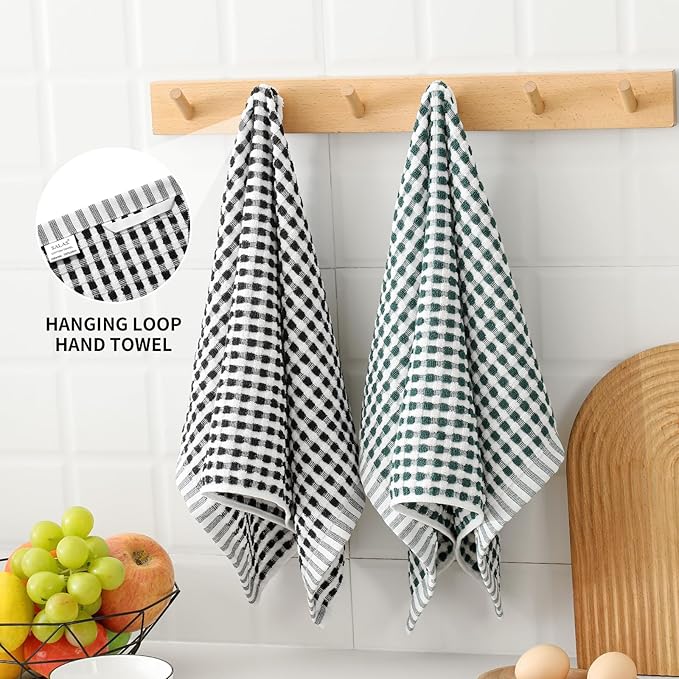 SALAS Cotton Dish Towels Cloths for Kitchen Drying Dishes, Lattice Terry Kitchen Towels, Highly Absorbent Kitchen Cloths with Hanging Loop, 16‘’ x 26‘’,4 Packs, Green and Black