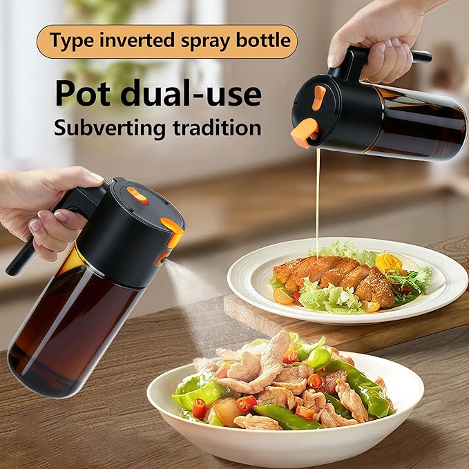 Olive Oil Spray Bottle Dispenser, 2-in-1 Glass Material Kitchen Cooking Oil Sprayer, 17 oz/500 ml Cooking Spray, Glass Spray Bottle with Tipper, Food Grade Spray for Kitchen, Salad, Frying, Barbecue