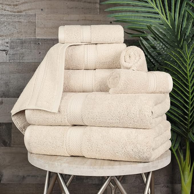 SUPERIOR Egyptian Cotton Pile 8 Piece Towel Set, Includes 2 Bath, 2 Hand, 4 Face Towels/Washcloths, Ultra Soft Luxury Towels, Thick Plush Essentials, Guest Bath, Spa, Hotel Bathroom, Cream