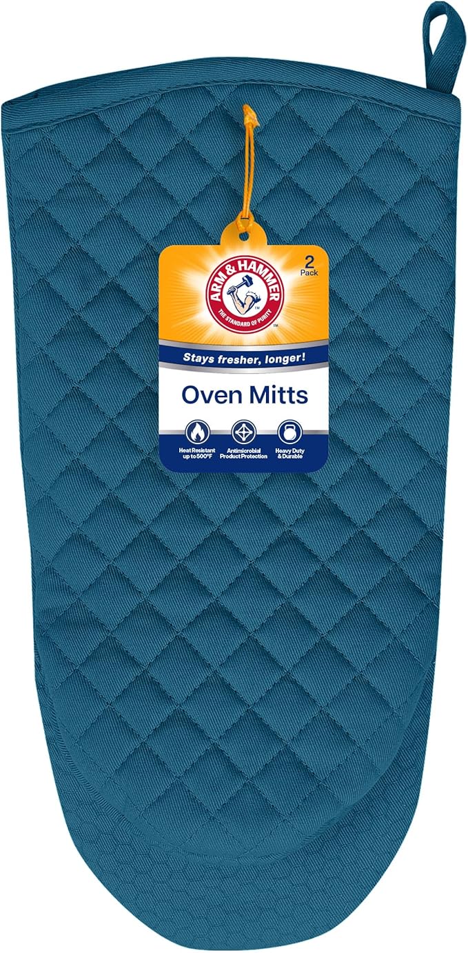 Arm & Hammer Quilted Oven Mitts, Heat Resistant, Non-Slip Silicone Grip, 2 Pack, Navy