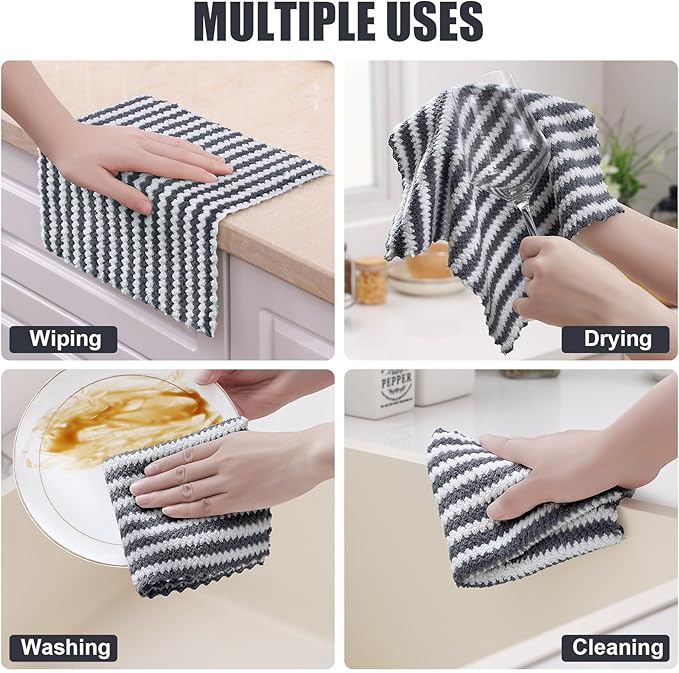 Homaxy 24 Pack Kitchen Dish Cloths, Ultra Soft and Absorbent Dish Towels, Reusable Fast Drying Microfiber Cleaning Cloth, Coral Velvet Wave Design No-lint, 10 x 10 inches, Dark Grey