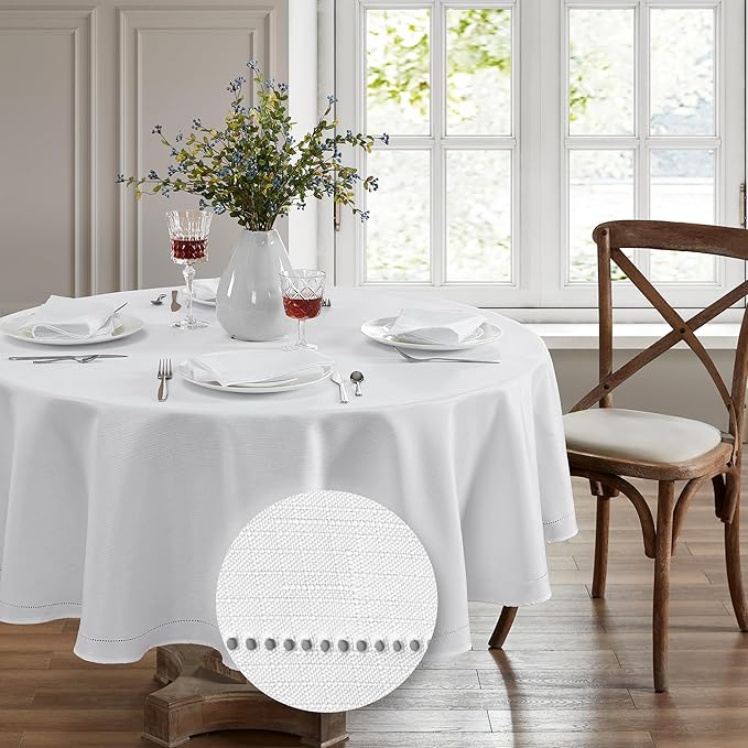 Elrene Home Fashions Alison Eyelet Border Design Border Wrinkle Resistant Fabric Tablecloth, 70"x70" Round, White