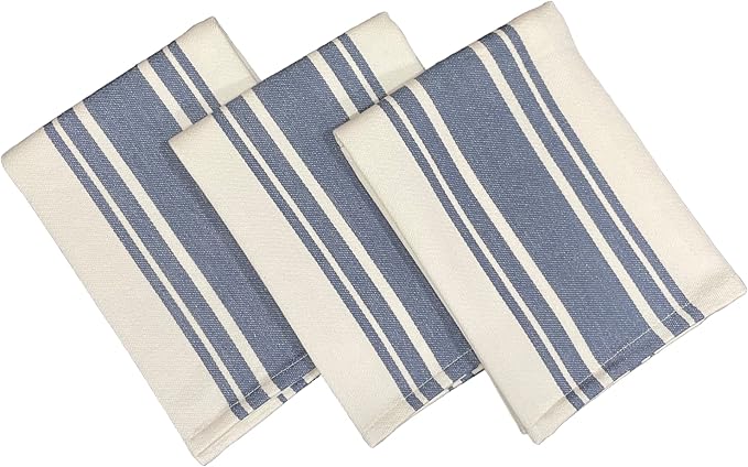 Kitchen Towels Set – Pack of 3 (20’’ x 30’’) Extra Large Premium Cotton Dish Towels for Kitchen – Super Striped Towels – Absorbent – 100% Cotton – with Hanging Loop – Blue Grey