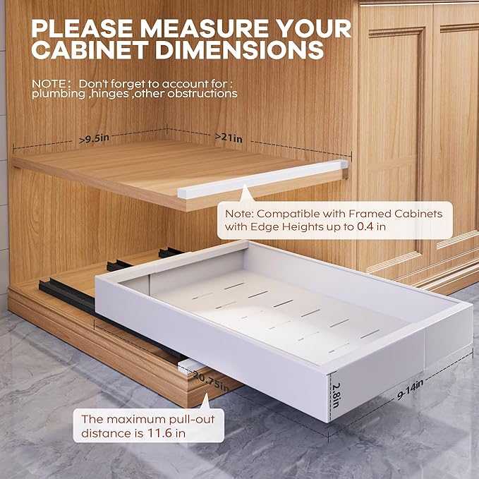 Seinloes 4 Pack Expandable Width (9"-14.1") Pull Out Cabinet Organizer 21" Deep with Raising Pad for Framed Cabinets, Upgrade 3 Slide Rails Slide Out Drawers, Roll Out Shelves Adhesive, White