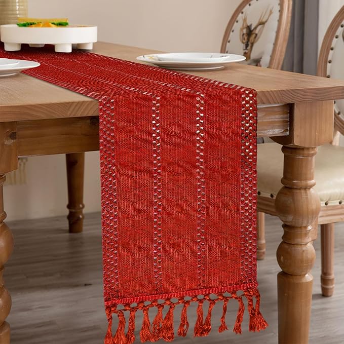 Niviy Christmas Table Runner for Red Tassel Home Decor 108 Inches Long, Winter Xmas Holiday Rustic Macrame Cotton Linen Woven Coffee Table Runners for Christmas Dining Table Decoration, Red