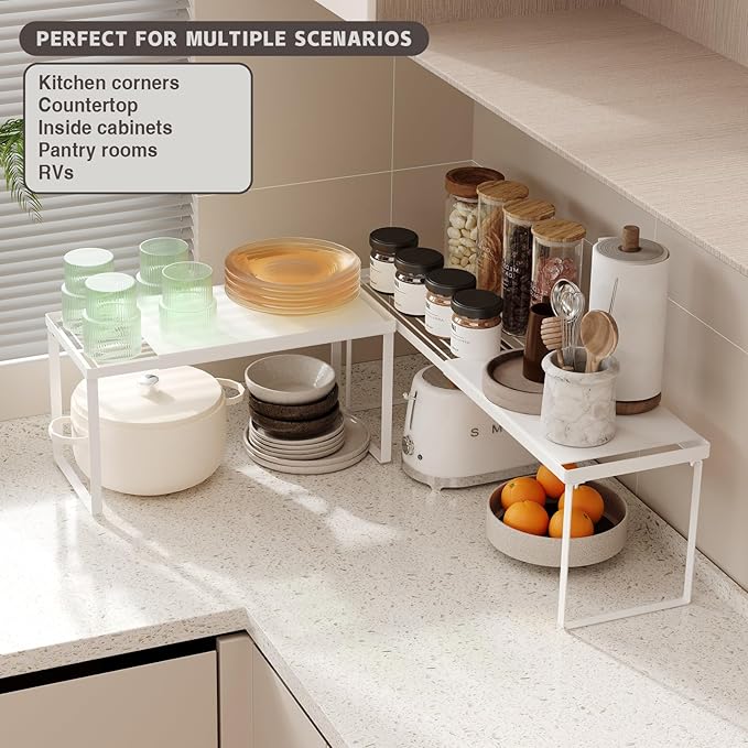 Magheo Expandable Cabinet Shelf Organizer, 2 Pack Stackable Kitchen Counter Shelf Riser, Metal Spice Rack Adjustable Heavy Duty Countertop Organizer Storage for Kitchen, Pantry, Cupboard, Rv (White)